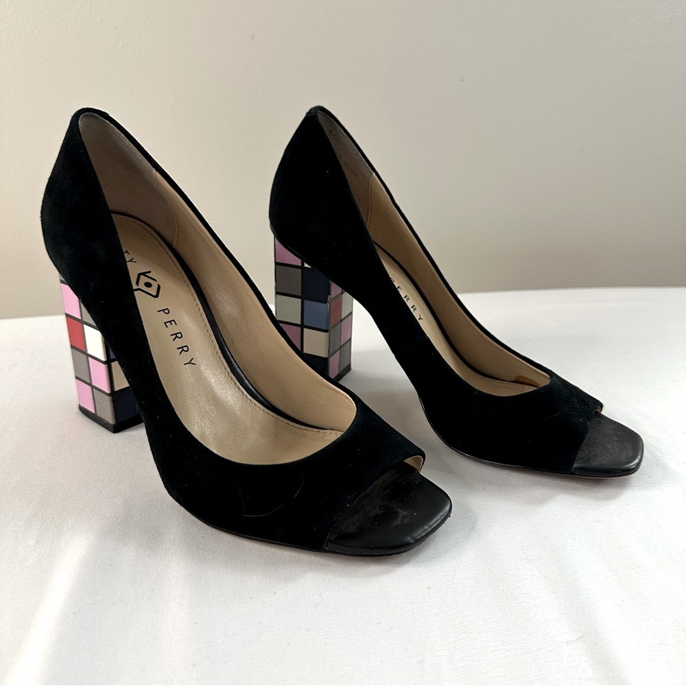 Katy Perry Caitlin Black Suede Multi Colored Rubix Cube Heel size 8.5